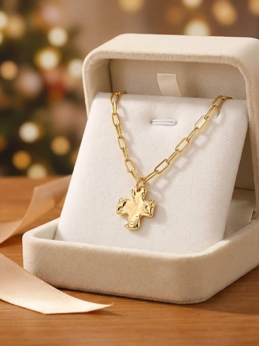Chunky Cross Necklace for Women Hammered Pendant Paperclip Chain Statement Jewel - Picture 6 of 7